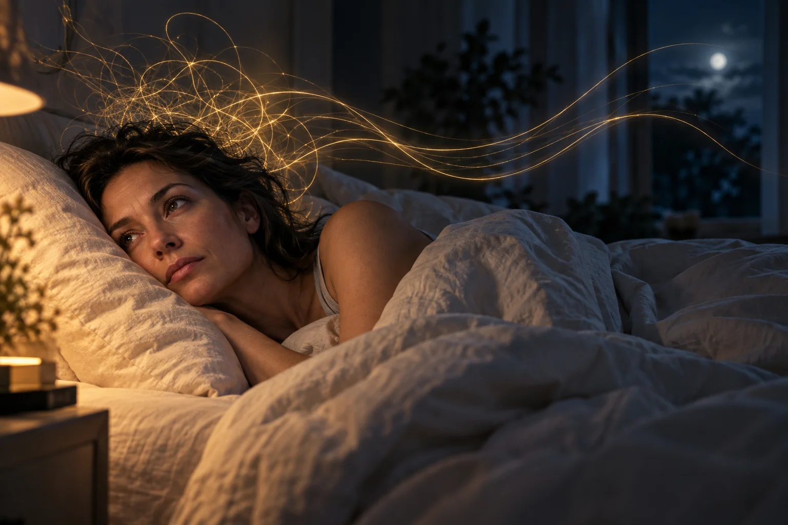 A woman lying awake in bed, with artistic gold light threads representing racing thoughts easing into calm.