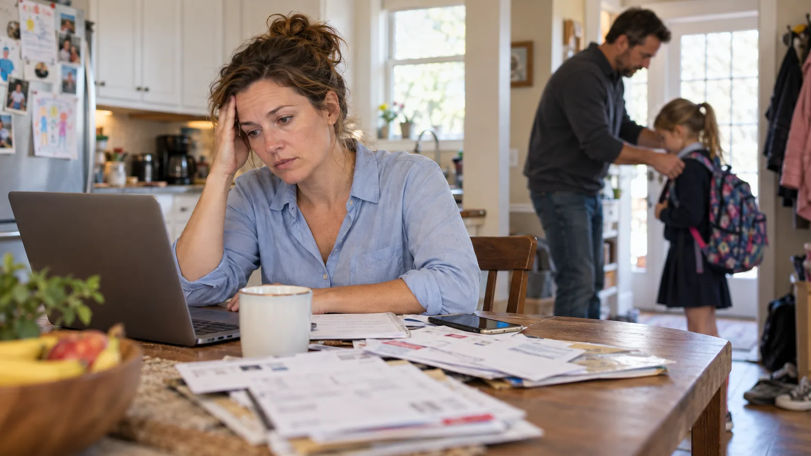 A busy parent reviewing household bills while her family gets ready for school.