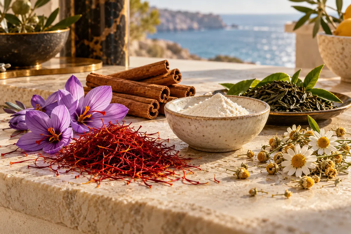 Saffron, cinnamon, tea leaves, chamomile and a bowl of powder arranged on natural limestone.