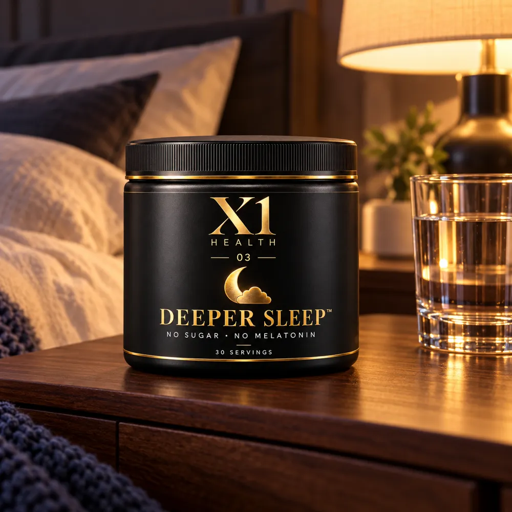 X1 Health Deeper Sleep tub beside a glass of water and a warm bedside lamp