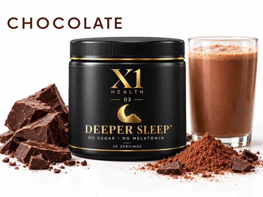 X1 Health Deeper Sleep chocolate flavor display with chocolate pieces, cocoa-colored powder, and a drink