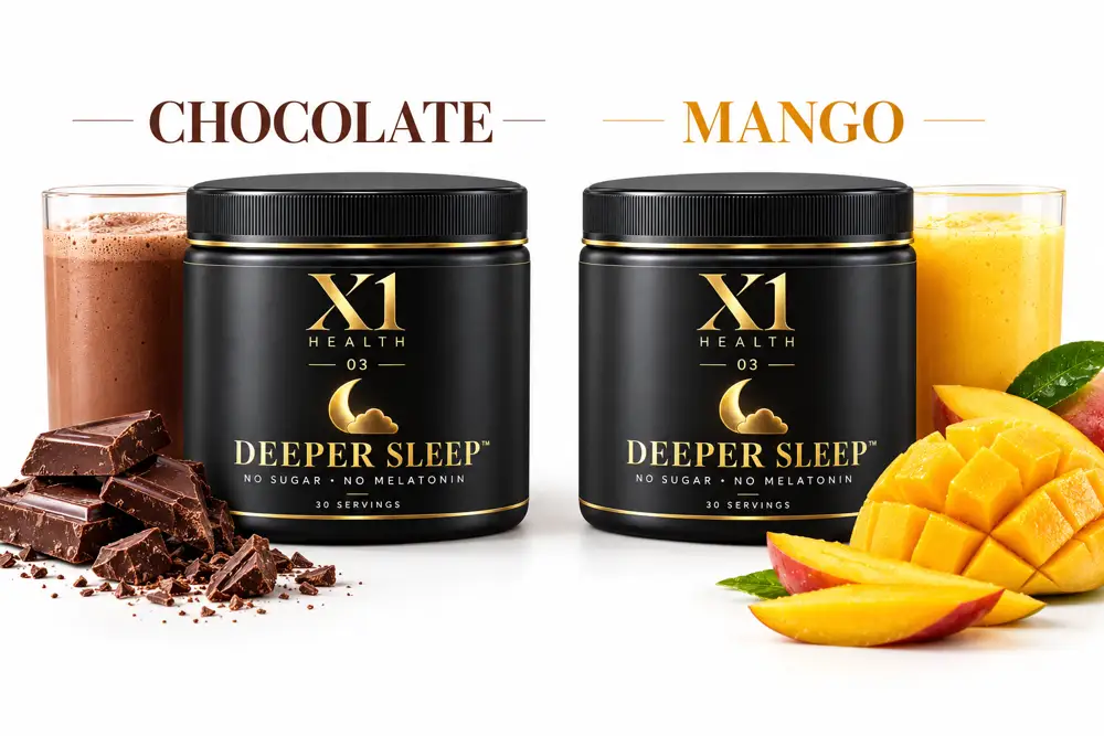 X1 Health Deeper Sleep chocolate and mango flavor tubs displayed together on white