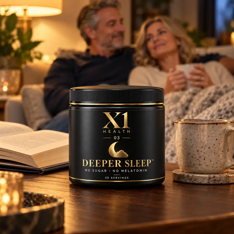 X1 Health Deeper Sleep tub beside a book and mug with a relaxed couple in the background