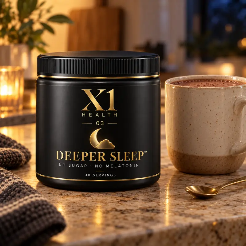 X1 Health Deeper Sleep tub beside a chocolate-colored drink and spoon