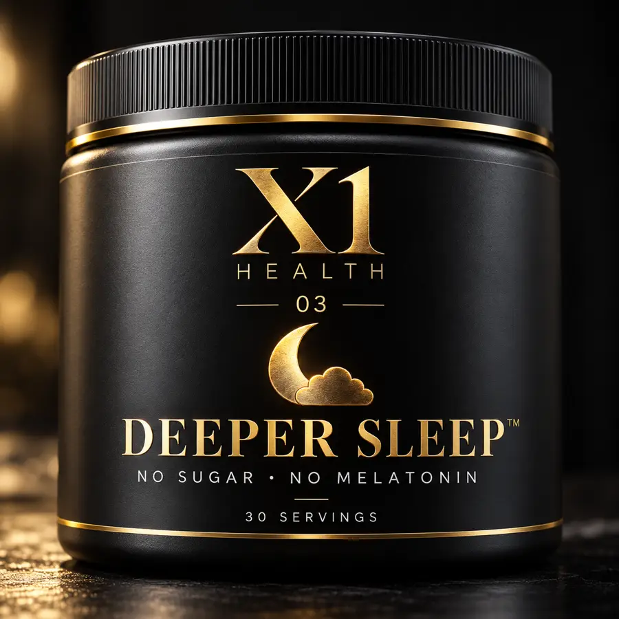 Close-up of X1 Health Deeper Sleep gold logo and moon-and-cloud label