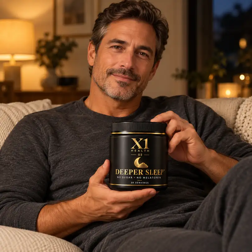 Man in charcoal lounge clothing holding an X1 Health Deeper Sleep tub