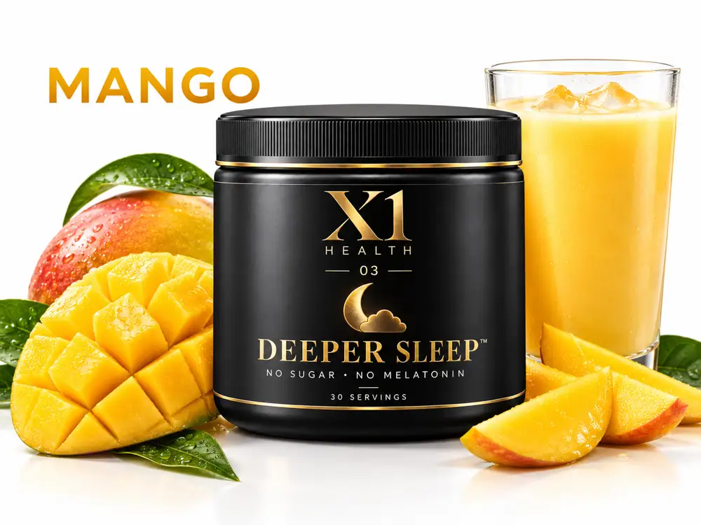X1 Health Deeper Sleep mango flavor display with sliced mango and a golden drink