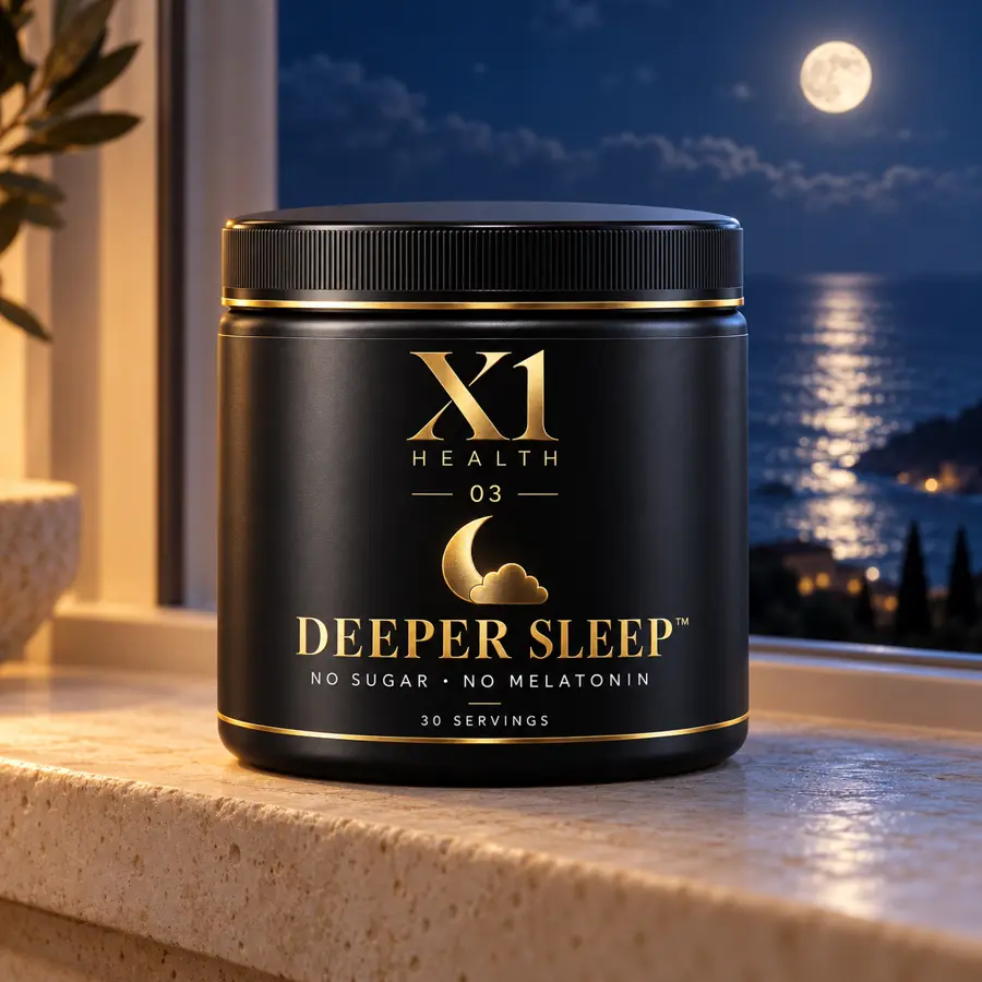 X1 Health Deeper Sleep tub on a window ledge overlooking a moonlit ocean