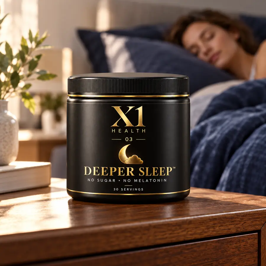 X1 Health Deeper Sleep tub on a bedside table with a softly blurred resting woman