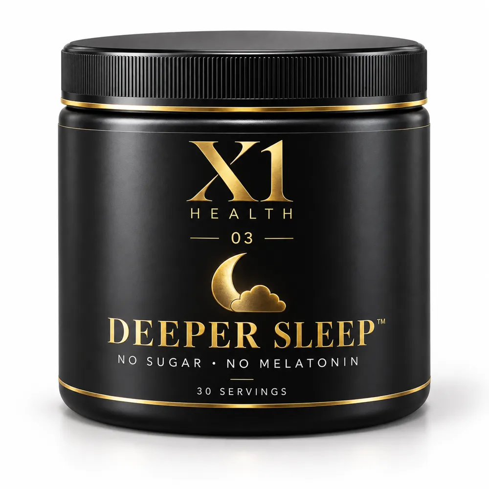 X1 Health Deeper Sleep product tub photographed from a raised studio angle
