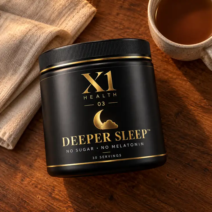 X1 Health Deeper Sleep tub with folded linen and a mug on a wooden table