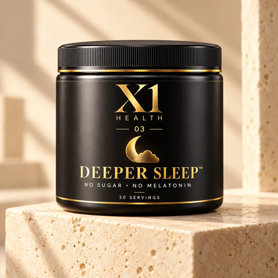 X1 Health Deeper Sleep tub on a cream travertine pedestal