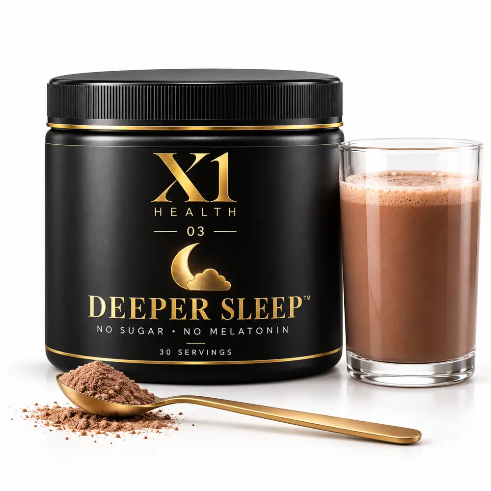 X1 Health Deeper Sleep tub with a chocolate-colored drink and gold spoon on white