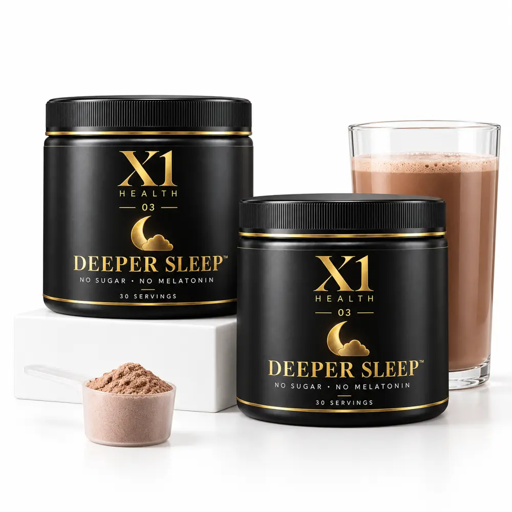 X1 Health Deeper Sleep tubs on a white riser beside a drink and scoop