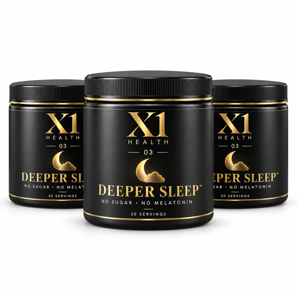 Three black and gold X1 Health Deeper Sleep tubs displayed on a white background