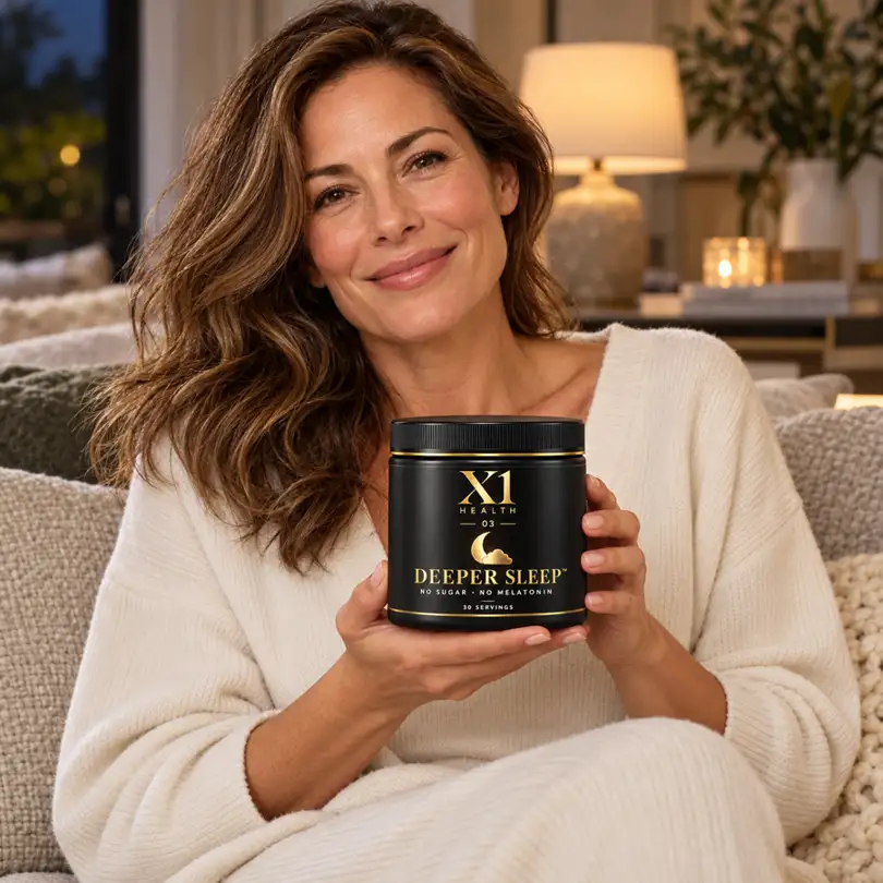 Woman in cream lounge clothing holding an X1 Health Deeper Sleep tub